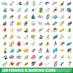 Poster - 100 finance and banking icons set, isometric style