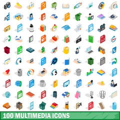 Poster - 100 multimedia icons set, isometric 3d style