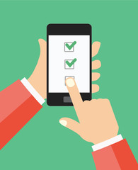 Poster - hand hold smartphone, finger touch screen. checkboxes and checkmark. modern concept for web banners,