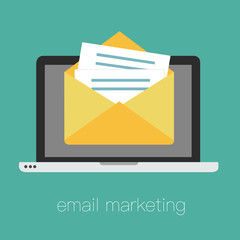 Poster - Email marketing, internet advertising concepts. Laptop with envelope and read email on screen. Flat vector illustration.