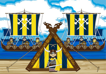 Sticker - Cartoon Fierce Vikings and Viking Longboats