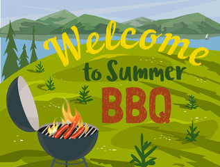 Summer outdoors concept. Cartoon retro style poster. Welcome invitation to barbecue picnic. Season holiday leisure banner background. Mountain valley, lake, green hills. Vector flaming BBQ grill