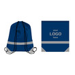 Visibility drawstring bag blue navy color with reflective parts and place for logo, isolated vector.