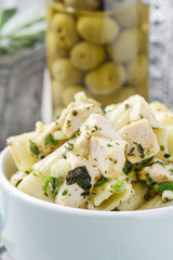 Wall Mural - Mediterranean chicken salad with vegetables and penne.