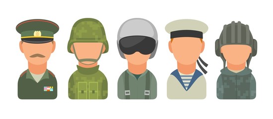 Wall Mural - Set icon character russian military people. Soldier, officer, pilot, marine, trooper, sailor. Vector flat illustration on white background