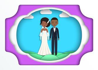 Wall Mural - African American bride and groom in paper art style. Vector flat people characters. Cartoon couple newlyweds on blue background. Origami design.  Icons male, female. 