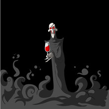 Colorful Vector Illustration Of Death, The Grim Reaper,  Holding A Glass Of Red Wine