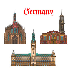 Sticker - German travel landmarks icon of church, city hall