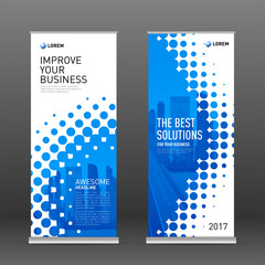 Wall Mural - Industrial roll up banner design template. Abstract halftone effect with colored cityscape vector illustration on background.
