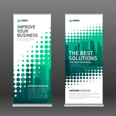 Wall Mural - Industrial roll up banner design template. Abstract halftone effect with colored cityscape vector illustration on background.