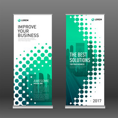 Wall Mural - Industrial roll up banner design template. Abstract halftone effect with colored cityscape vector illustration on background.
