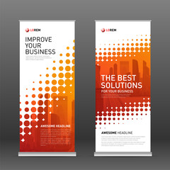 Wall Mural - Industrial roll up banner design template. Abstract halftone effect with colored cityscape vector illustration on background.