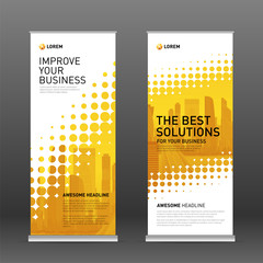 Wall Mural - Industrial roll up banner design template. Abstract halftone effect with colored cityscape vector illustration on background.