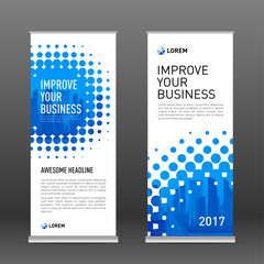 Wall Mural - Industrial roll up banner design template. Abstract halftone effect with colored cityscape vector illustration on background.