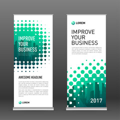 Wall Mural - Industrial roll up banner design template. Abstract halftone effect with colored cityscape vector illustration on background.