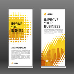 Wall Mural - Industrial roll up banner design template. Abstract halftone effect with colored cityscape vector illustration on background.