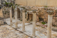 Cardo Maximus Roman Pillars. The Remains Of An Ancient Roman Pillars Located In Jewish Quarter In Jerusalem, Israel.