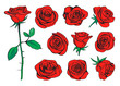 Red roses hand drawn color set. Black line rose flowers inflorescence silhouettes isolated on white background. Icon collection. Vector doodle illustration
