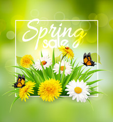 Poster - Spring sale background with flowers and butterfly. Vector