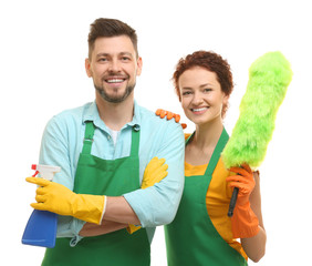 Wall Mural - Couple with cleaning supplies on white background