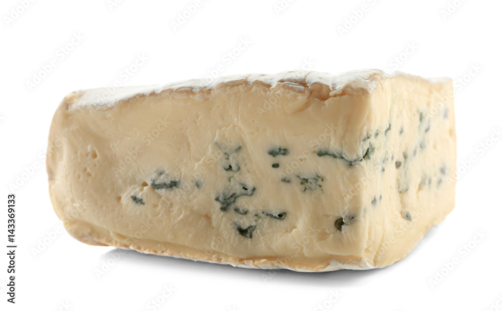 Piece of tasty cheese on white background, closeup