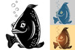 Live fish swim under water, smiles good-naturedly and looks forward; Vector silhouette character in the vintage hand drawing inks style
