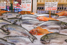 Fresh Fish On Ice For Sale At Pike Place Market In Seattle
