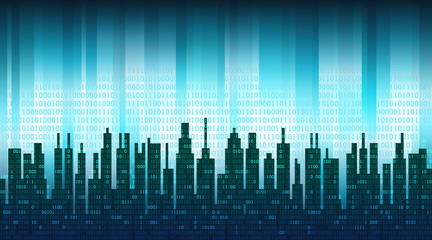 Wall Mural - The digital city. Binary data in the cloud over an abstract skyline, blue high-tech background
