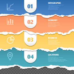 Sticker - Colored stripes of torn paper, vector infographic template with text and icons