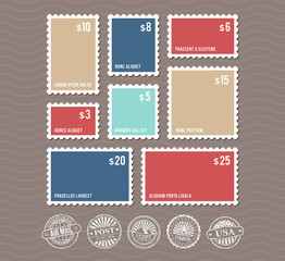 Wall Mural - Blank postage stamps in different sizes and vintage postmarks vector set