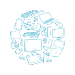 Poster - television, video and computer device, electronic gadget hand drawn vector illustration