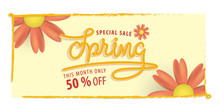 Spring Yellow And Orange Flower 50 Percent Off Heading Design And Yellow Frame For Banner Or Poster. Sale And Discounts Concept. Vector Illustration.