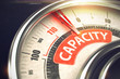 Compass with Red Needle Pointing the Caption Capacity on the Red Label. Capacity - Conceptual System with Red Needle Pointing the Label with Caption. Business Concept. Horizontal image. 3D Render.