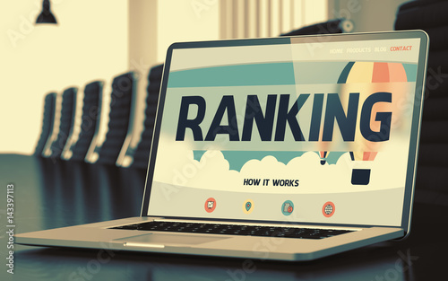 Fotomural Ranking - Landing Page with Inscription on Mobile Computer Display on Background of Comfortable Conference Room in Modern Office