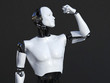3D rendering of male robot flexing his bicep muscle.