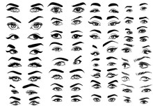 Female Woman Eyes And Brows Image Collection Set. Fashion Girl Eyes Design. Vector Illustration