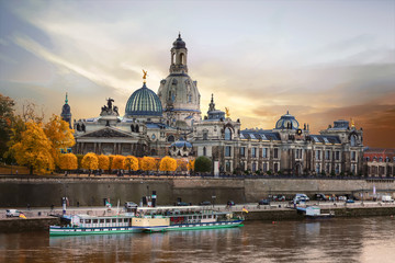 Wall Mural - Beautiful romantic Dresden over sunset. Landmarks and river cruises in Germany