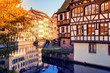 Autumn cityscape of Strasbourg with half-timbered houses. Alsace, France