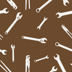 Wall Mural - White wrench icons on brown background. Industrial seamless texture