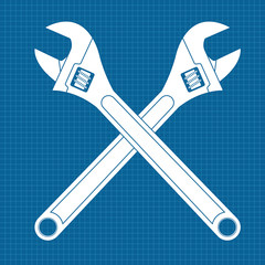 Wall Mural - Adjustable wrench. Crossed white icons on blueprint background