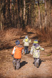 © iamjura - Group of three little kids running in the forest. Early spring pine forest hike in waldorf kindergarten.