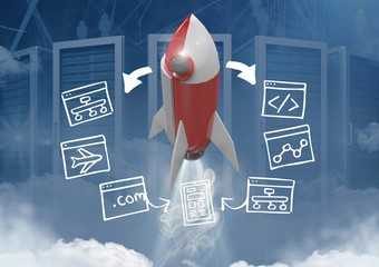 Poster - 3D Rocket flying with screen computer drawings graphics