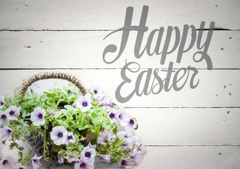 Poster - Grey type and purple flowers against white wood panel