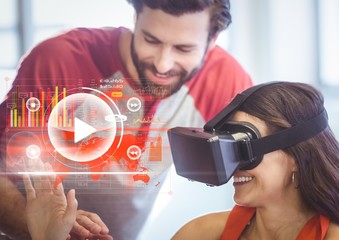Poster - Woman wearing VR Virtual Reality Headset with Interface