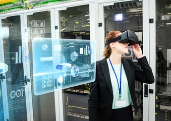 Poster - Woman wearing VR Virtual Reality Headset with Interface