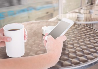 Poster - hands with phone and coffee in a terrace