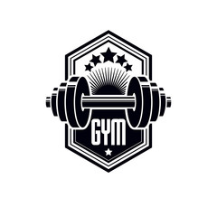 Wall Mural - logotype for heavyweight gym or fitness sport gymnasium, vintage style vector emblem. with barbell.