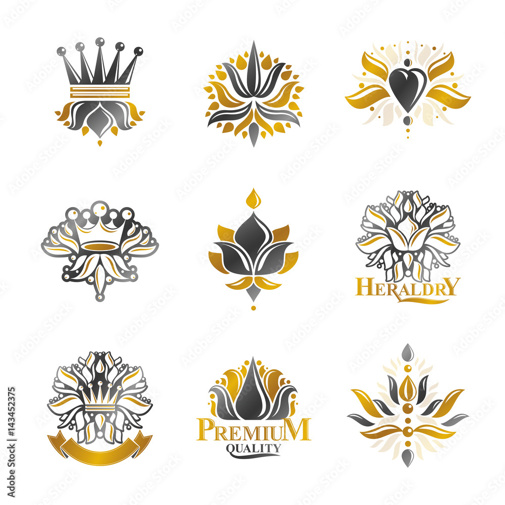 Flowers, Royal symbols, floral and crowns, emblems set. Heraldic Coat of  Arms decorative logos isolated vector illustrations collection. Stock Vector  | Adobe Stock, image size:1000x1000