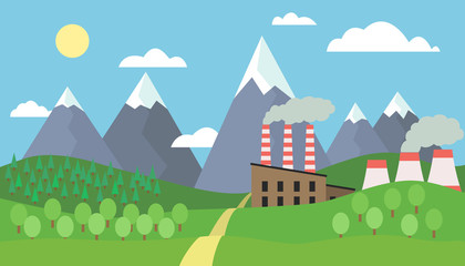 Wall Mural - View of the mountain landscape with hills and trees with snow on the peaks and factory with smoking chimneys under blue sky with clouds and sun - vector