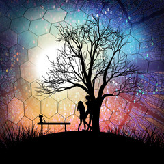 Wall Mural - Couple in the magical Garden cartoon characters in the real world silhouette art photo manipulation